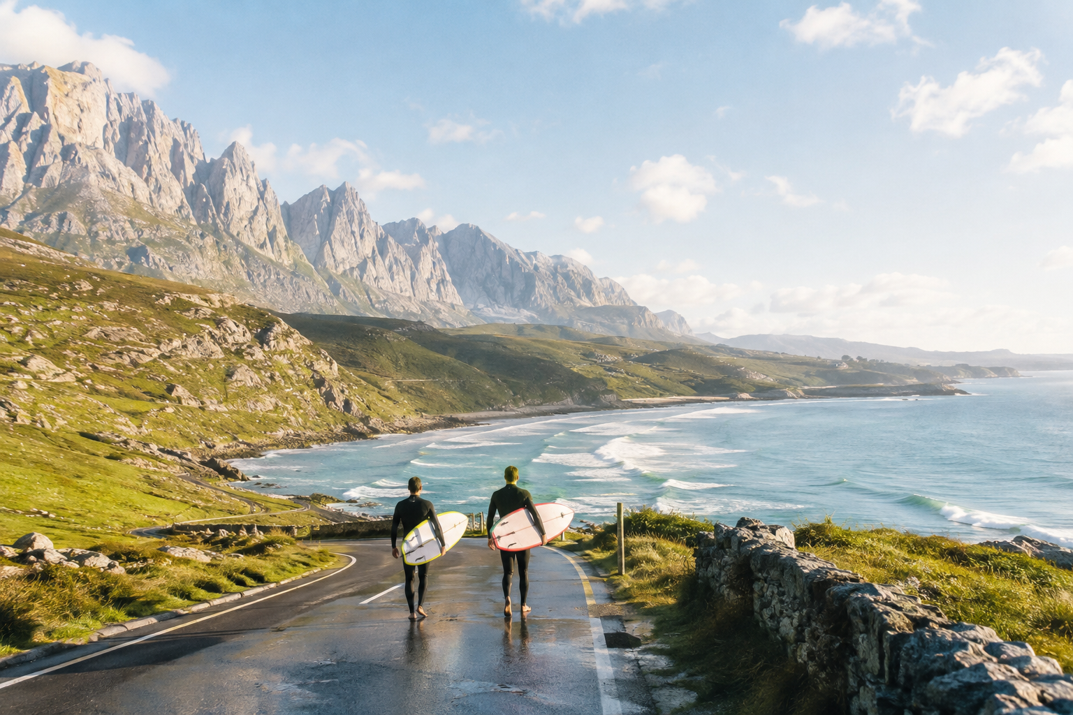 Surfistas frente a un paisaje imaginado de los Picos de Europa y el Cantábrico